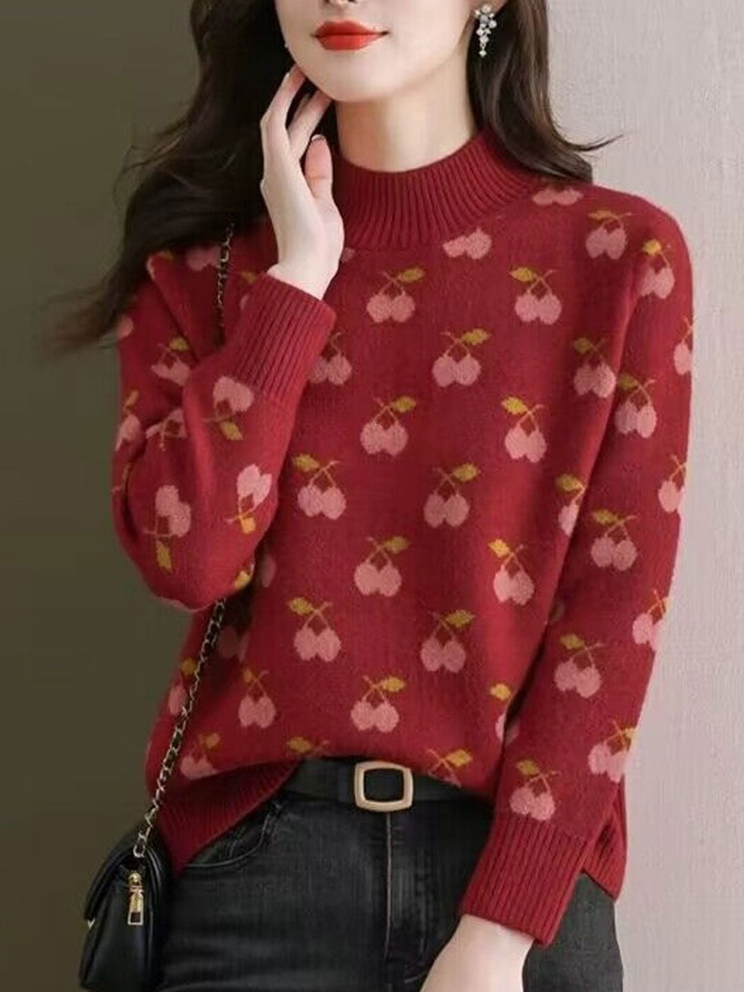 Abigail Retro Turtleneck Jacquard Knitted Pullover Sweater