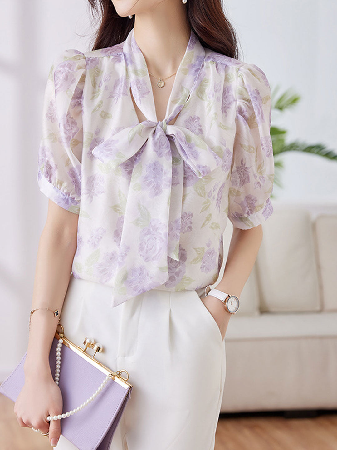 Grace Classic Bowknot Streamer Chiffon Top-Purple