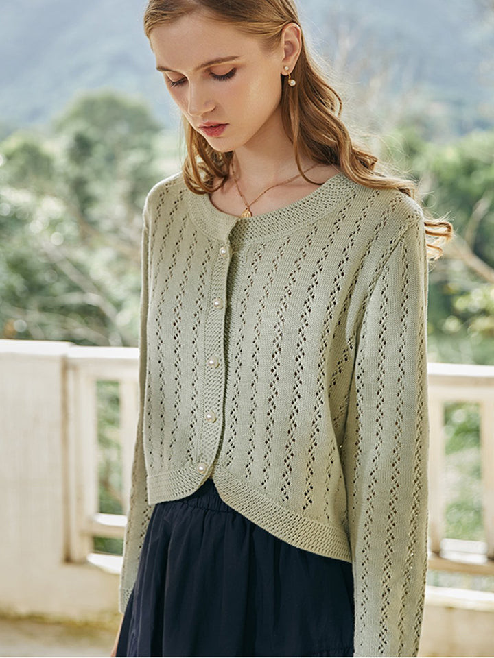 Althea Hollow Classic Knit Cardigan-Green