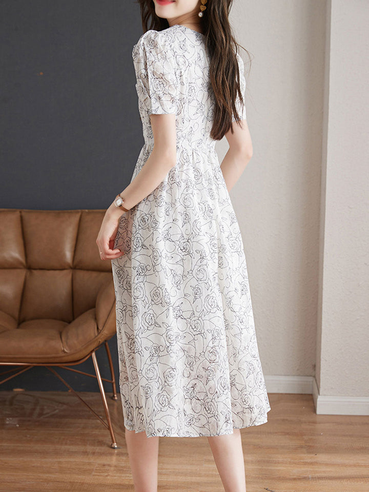 Olivia Elegant Doll Collar Puff Sleeve Floral Dress