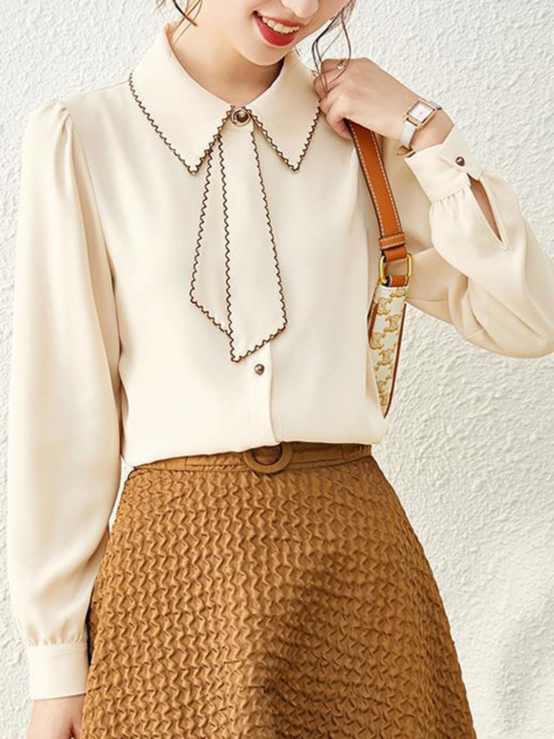 Audrey French Style Chiffon Crew Neck Blouse