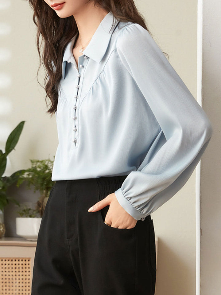 Valeria Casual Lapel Collar Pleated Chiffon Shirt-Blue