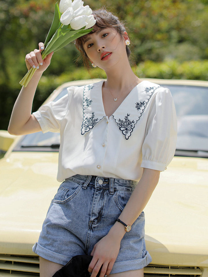 Alexis Retro Embroidered Collar Shirt Top-White