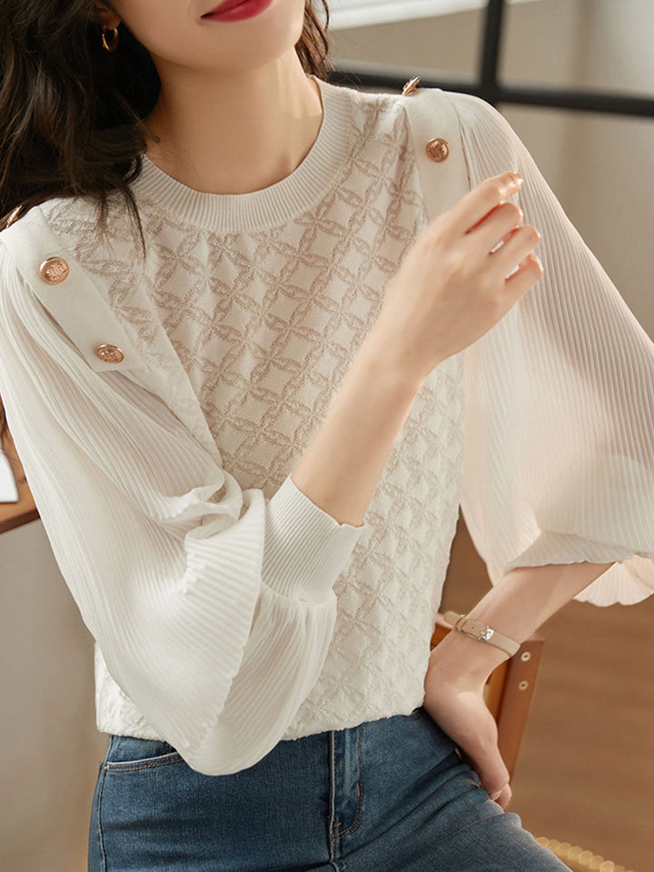 Alyssa Elegant Balloon Sleeve Knitted Blouse-White