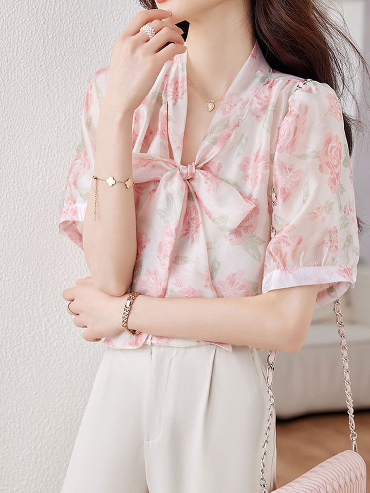 Grace Classic Bowknot Streamer Chiffon Top-Pink