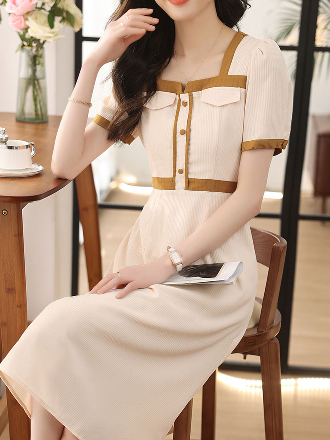 Madelyn Elegant Square Neck Color Block Dress-Apricot