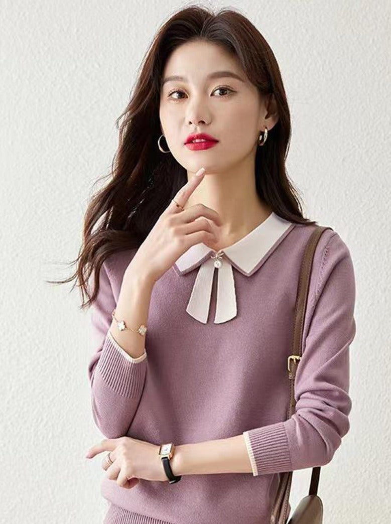 Dana French Style Contrast Color Lapel Knitted Sweater