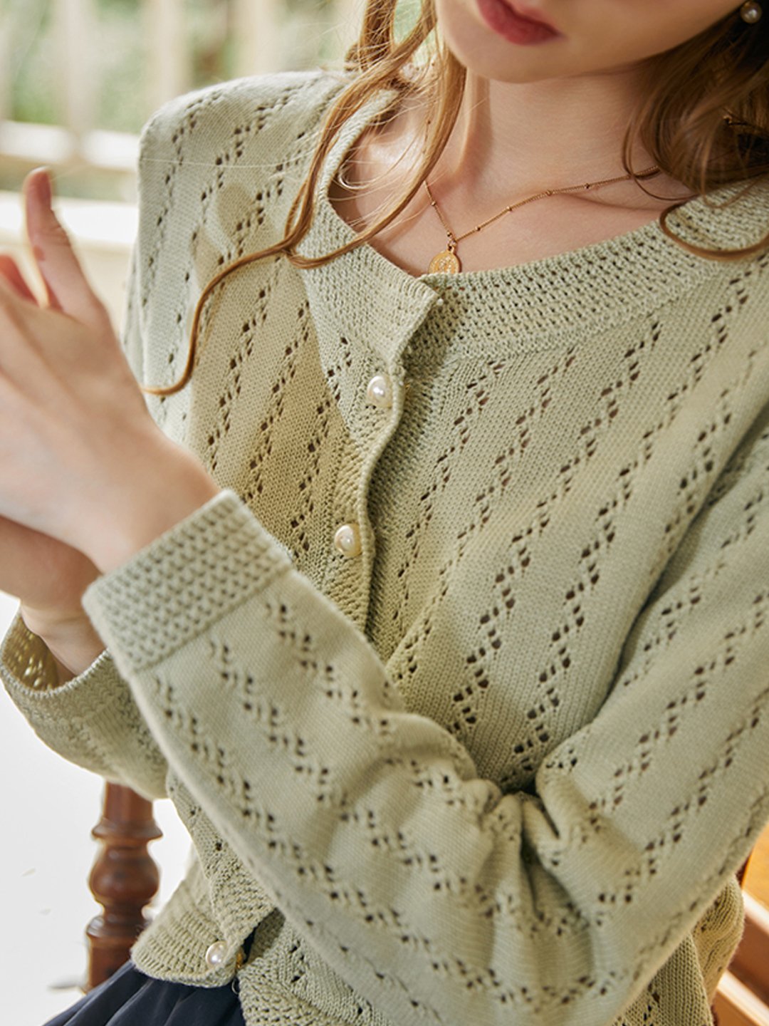 Althea Hollow Classic Knit Cardigan-Green