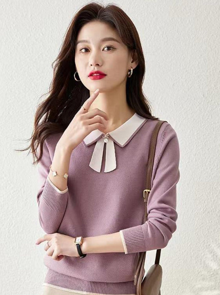 Dana French Style Contrast Color Lapel Knitted Sweater