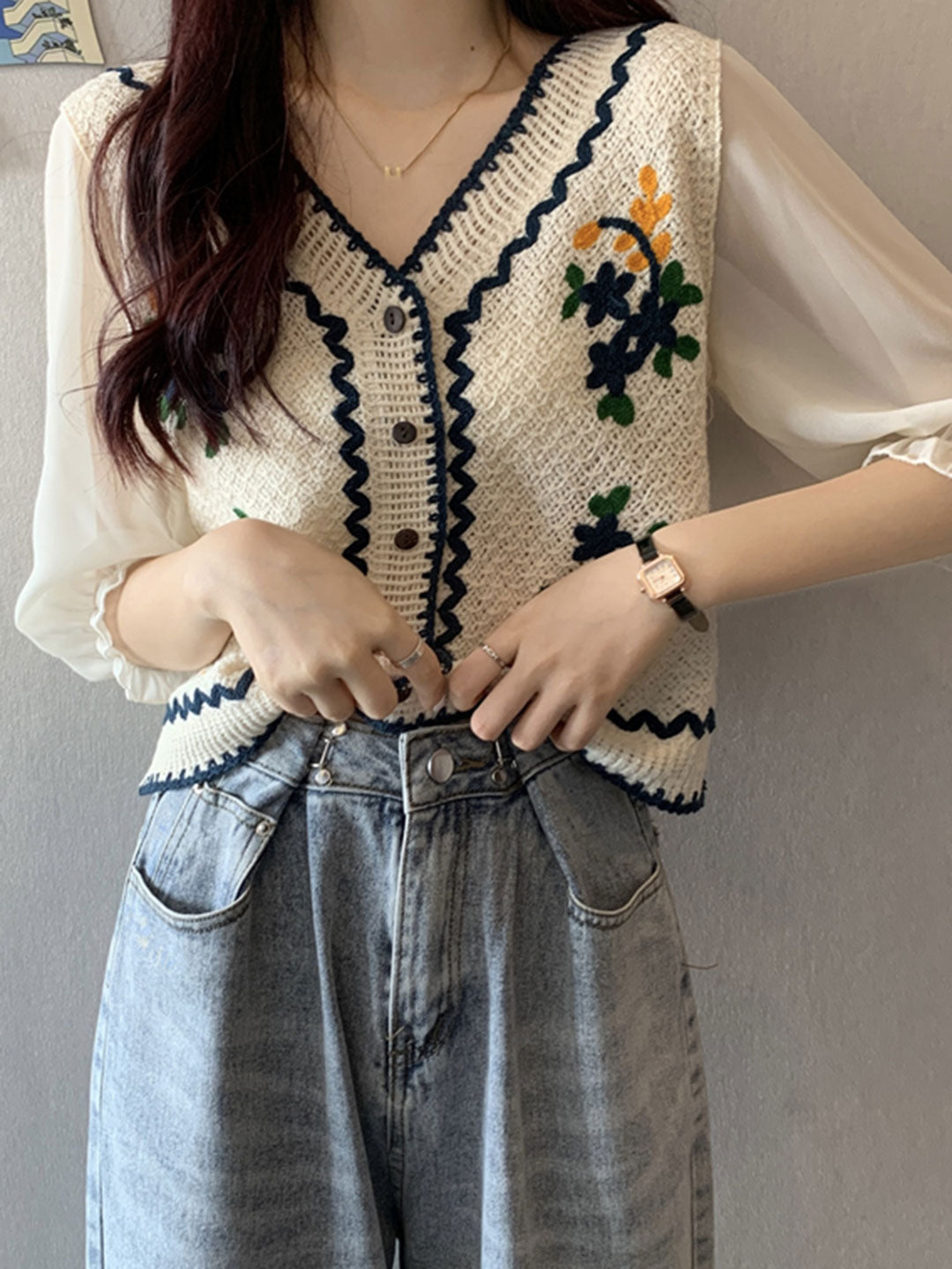 Ava Casual Puff Sleeve Embroidered Hollow Top-Coffee