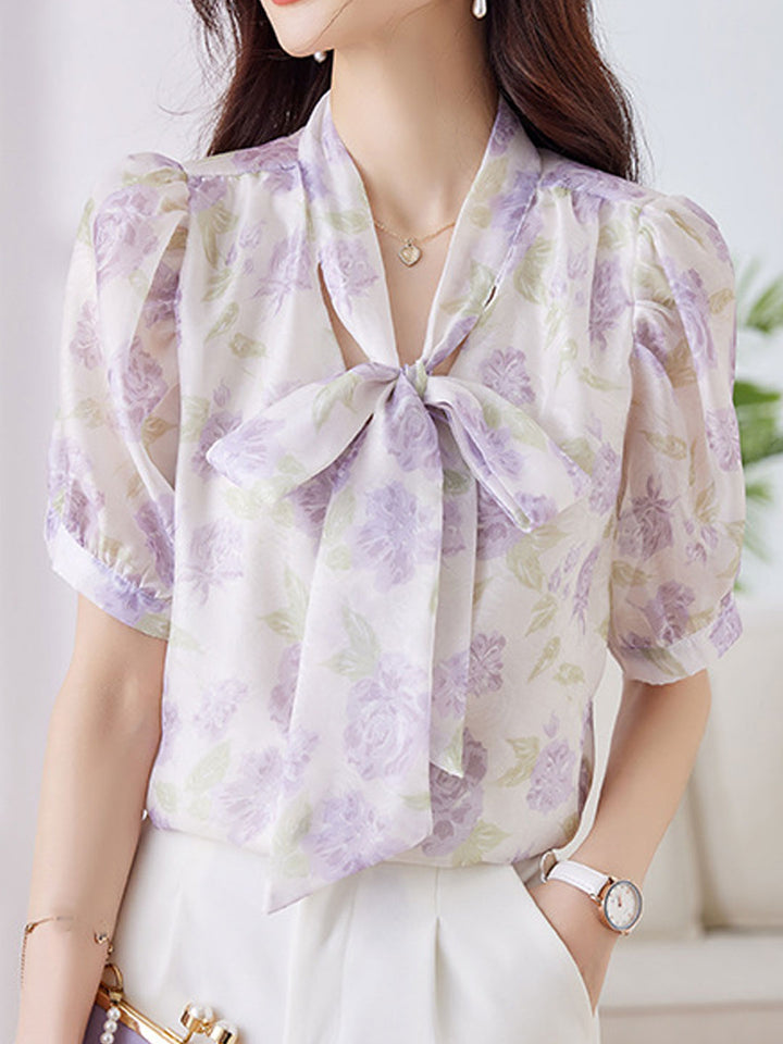 Grace Classic Bowknot Streamer Chiffon Top-Purple