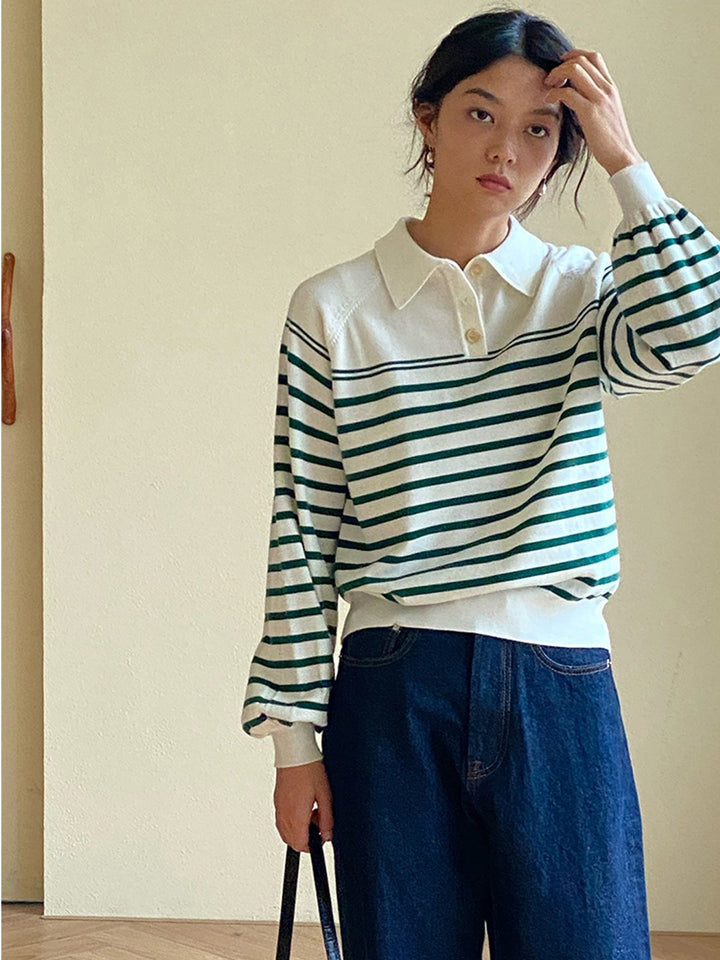 Edana Retro Polo Casual Striped Knit Sweater