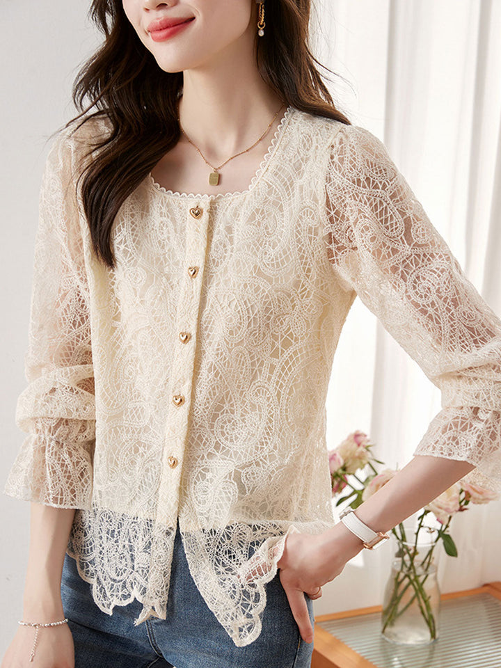 Sophia Retro Square Neck Lace Flare Sleeve Blouse