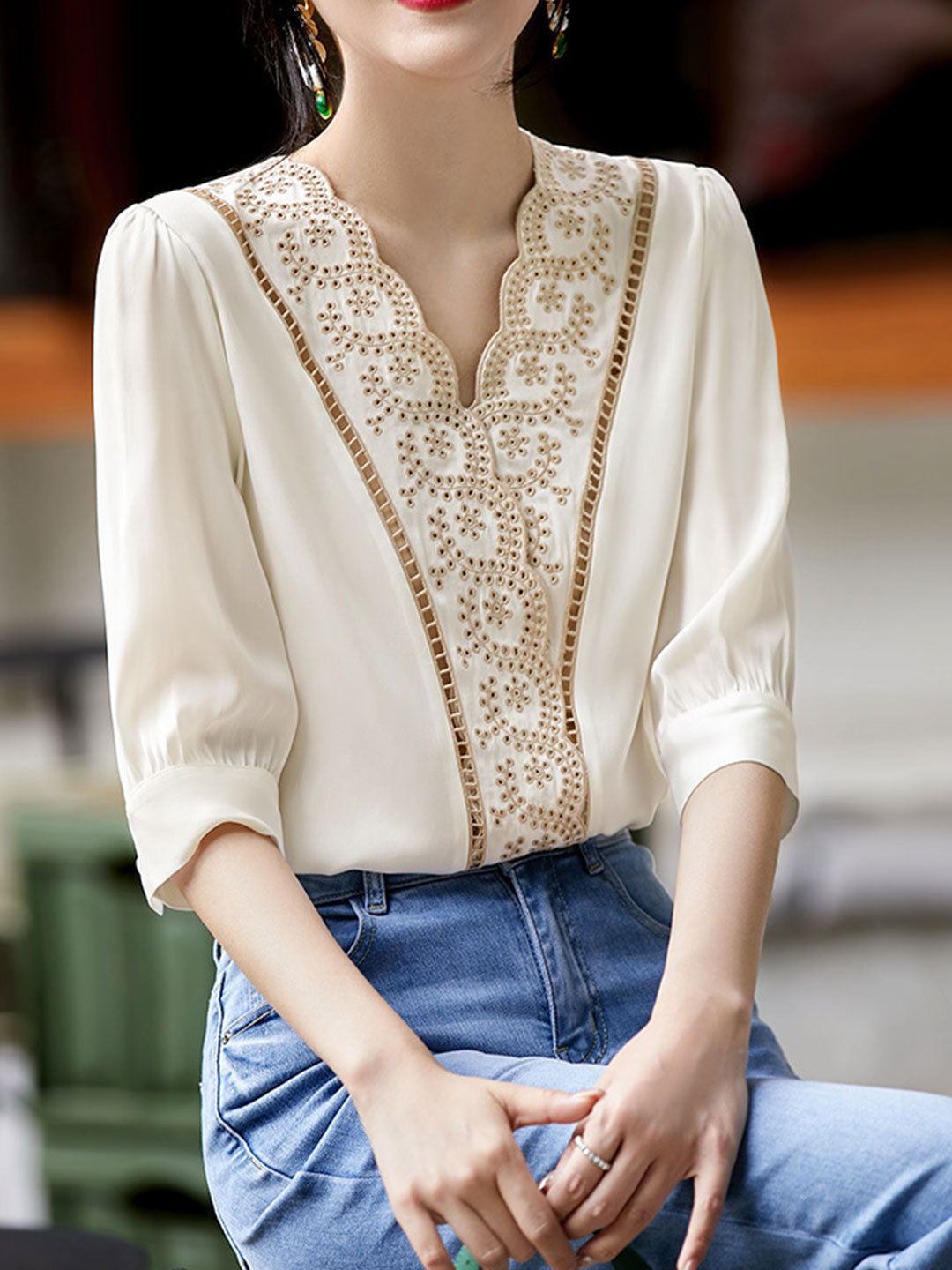 Chloe Retro V-neck Embroidered Shirt