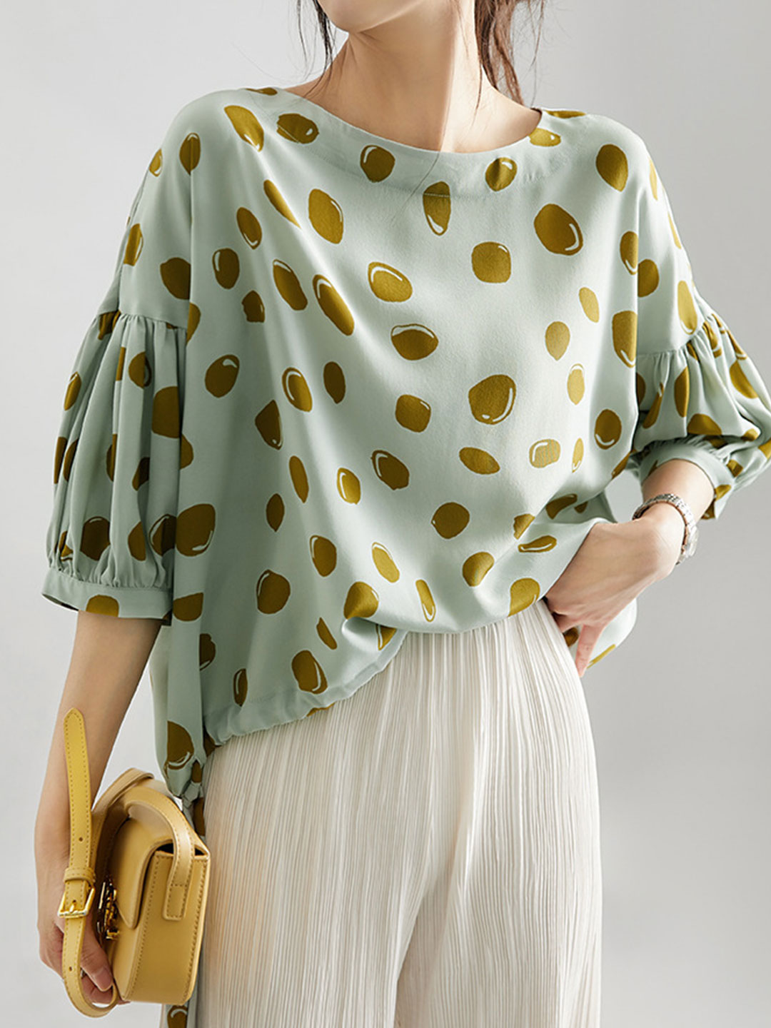 Anna Retro Bubble Printed Lantern Sleeve Top