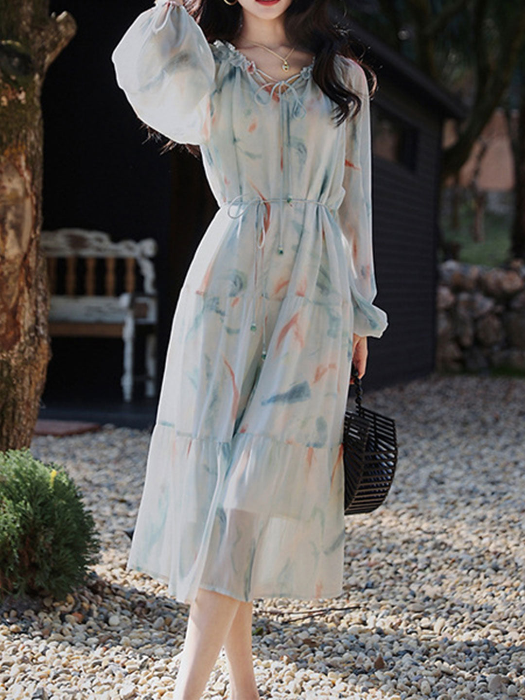 Julia Elegant Printed Floral Chiffon Dress-Long