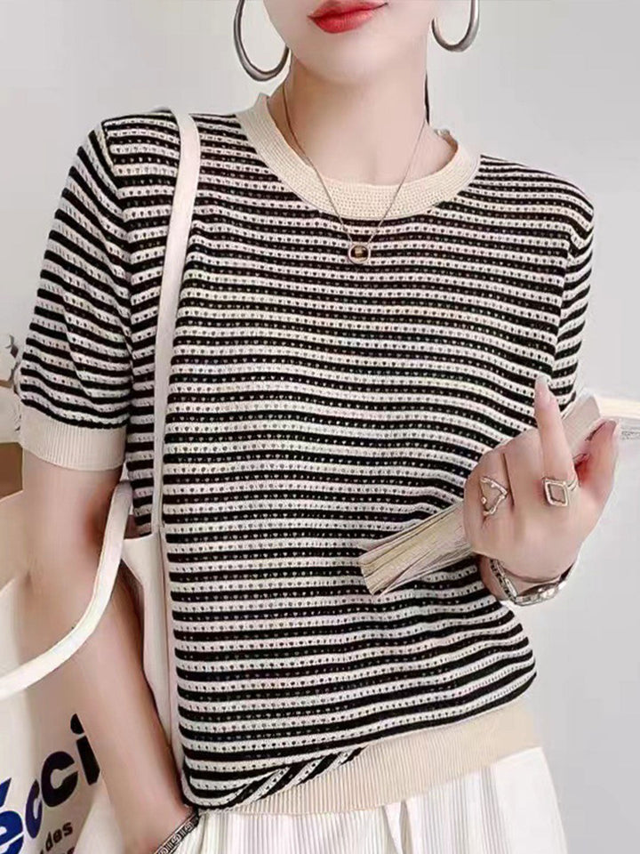 Alyssa Casual Crew Neck Hollowed Striped Top