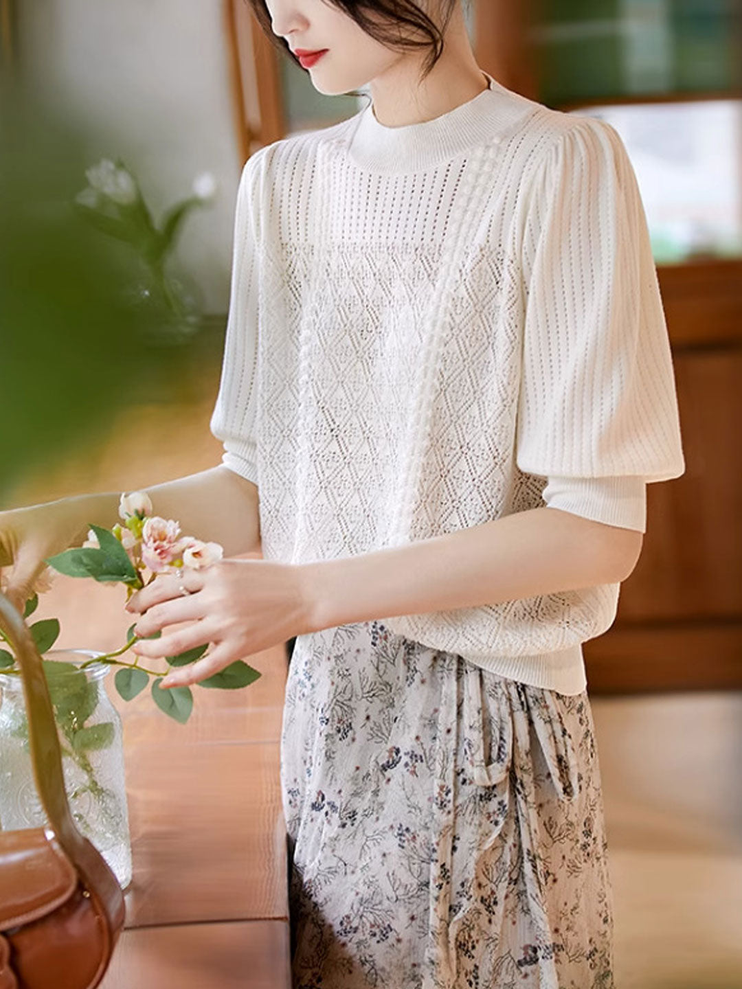 Hannah Retro Lantern Sleeve Diamond Knitted Top