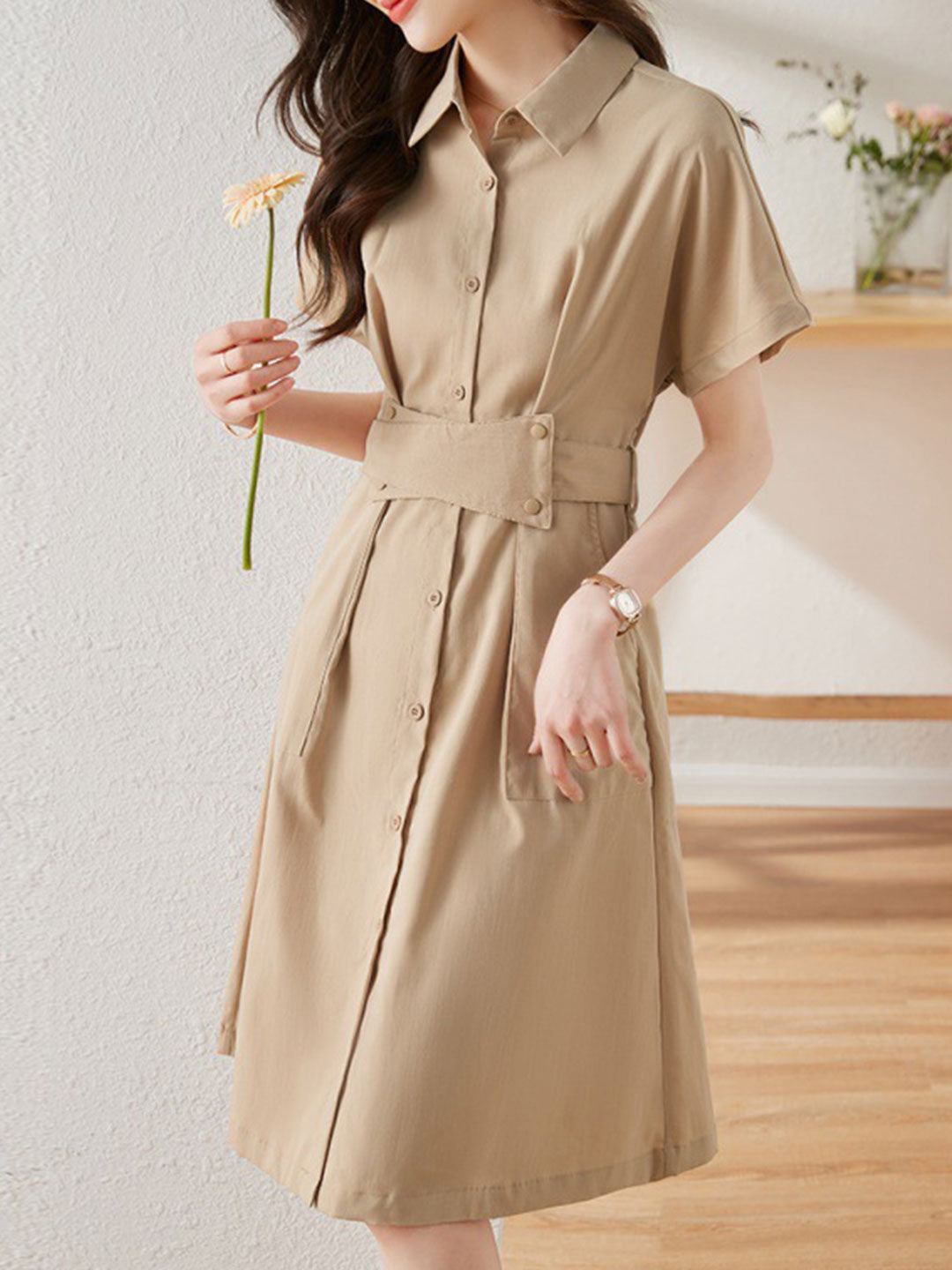 Andrea Retro Waisted Paneled Shirt Dress