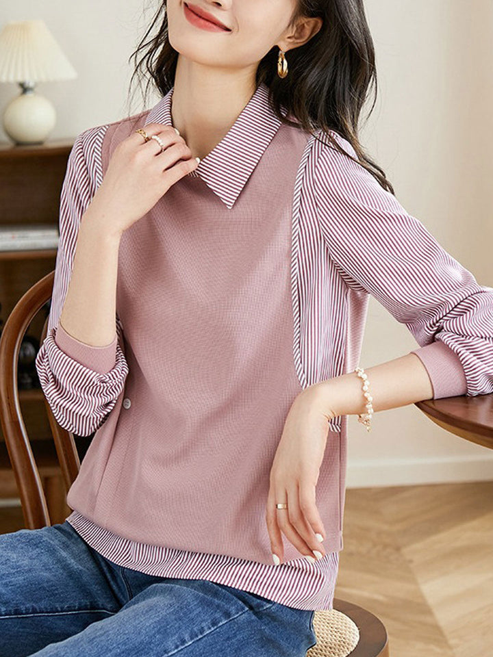 Olivia Casual Lapel Striped Textured Sweatshirt