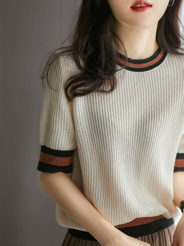 Olivia Crew Neck Jacquard Texture Contrast Knitted Top