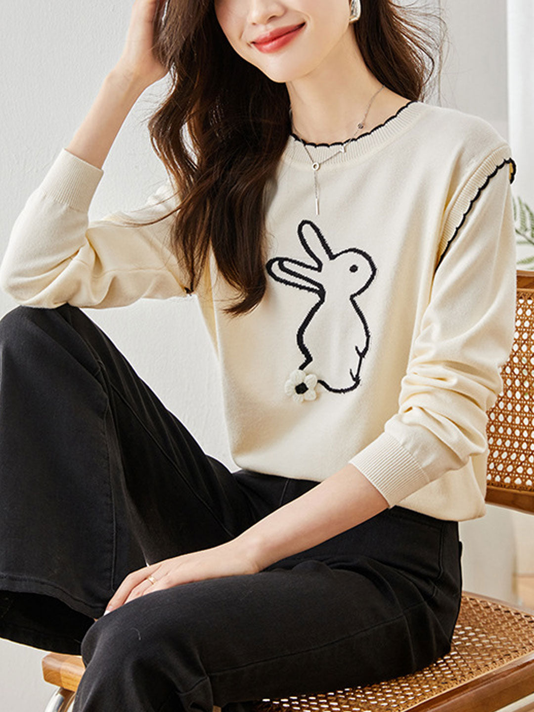 Kayla Casual Rabbit Printed Knitted Pullover Sweater