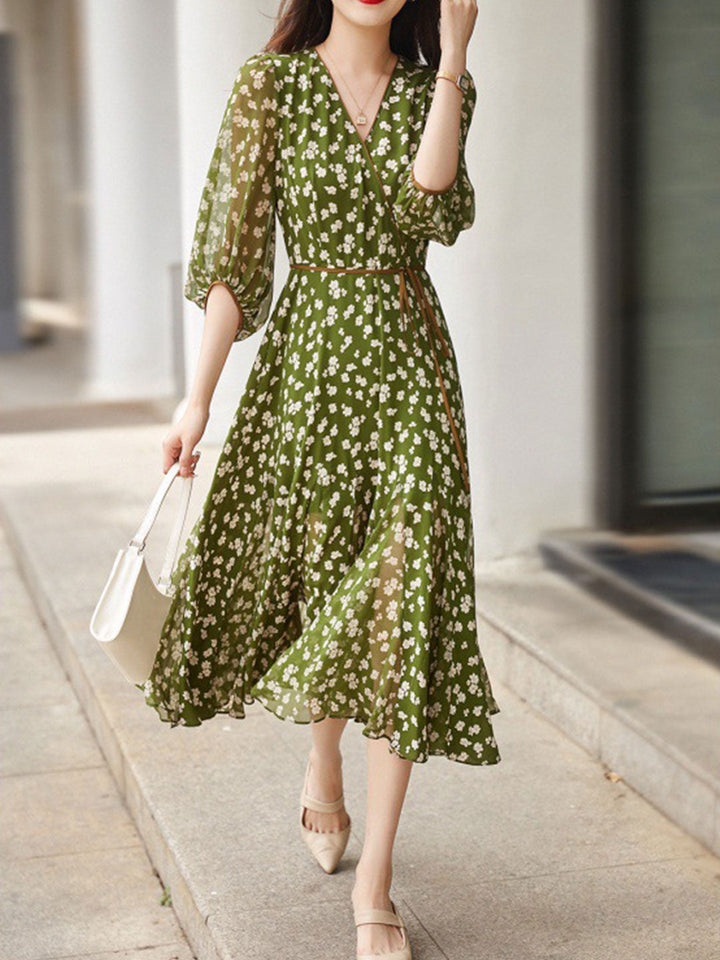 Molly Retro Floral Wrap Waisted Dress-Green