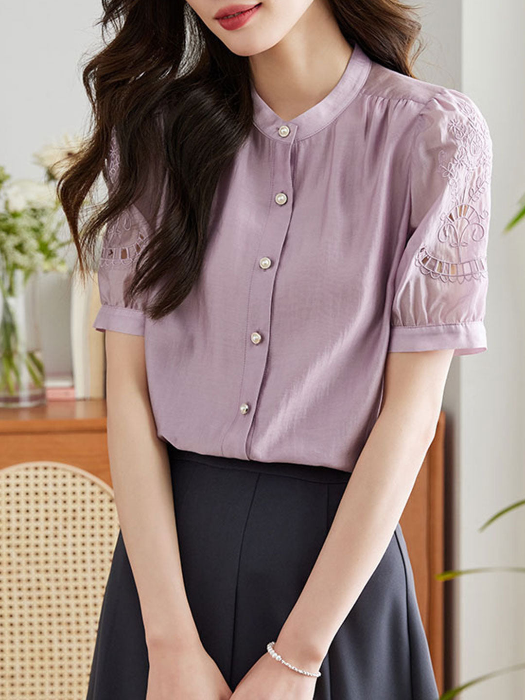 Molly Retro Embroidered Hollowed Puff Sleeve Top