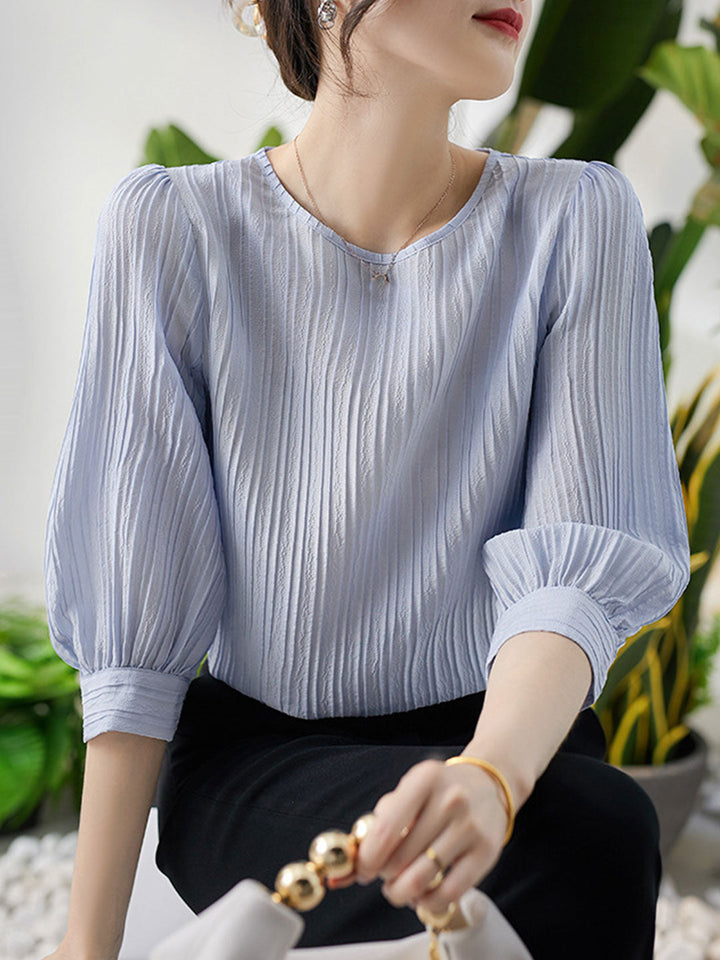 Kayla Classic Crew Neck Pleated Shirt-Blue