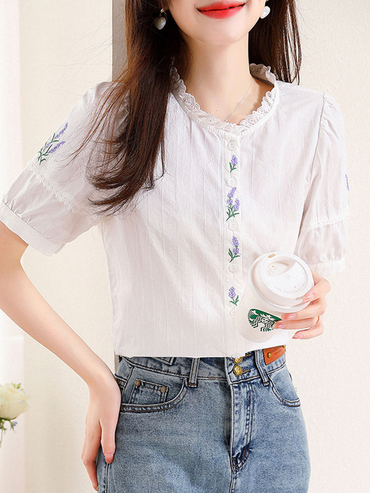 Maria Retro Embroidered  Lace Puff Sleeve Shirt-Purple