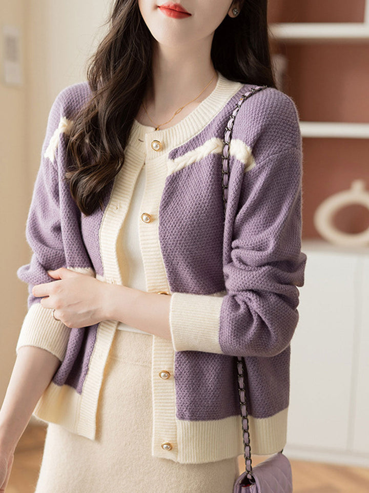 Grace Classic Crew Neck Knitted Cardigan-Purple