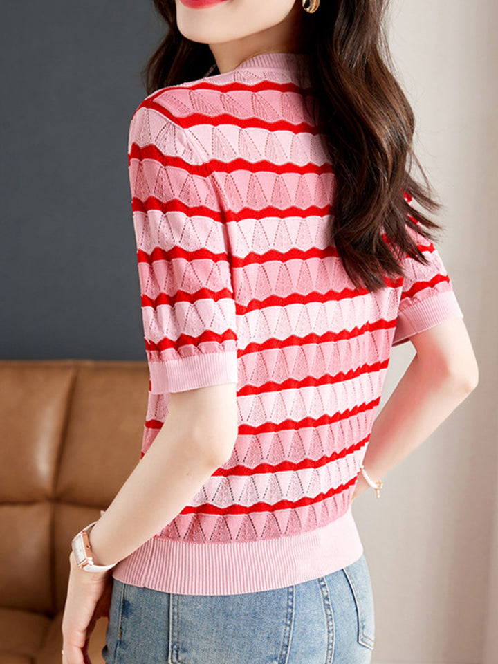 Kayla Casual Multicolored Stripe Hollowed Top