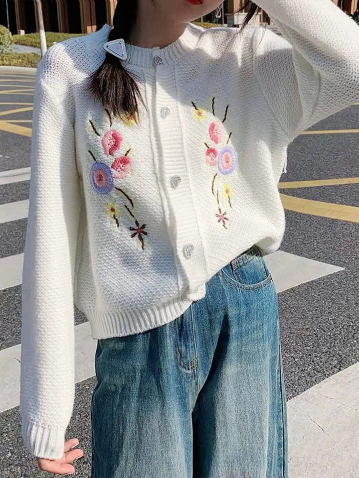 Hannah Casual Embroidery Floral Knitting Sweater-White