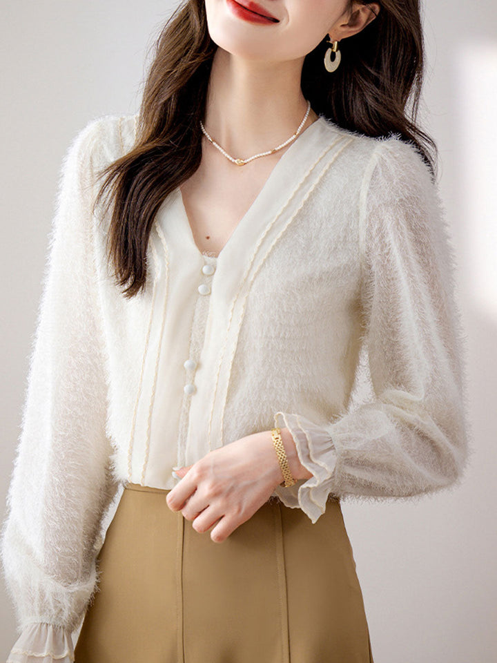 Anna Classic V-neck Auricular Chiffon Blouse