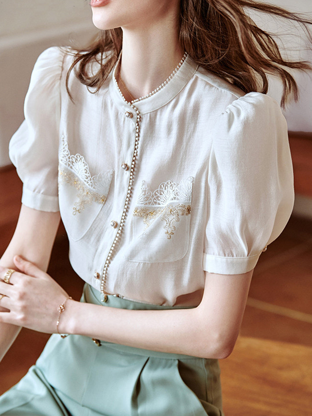 Sarah French Elegant Puff Sleeve Embroidered Blouse