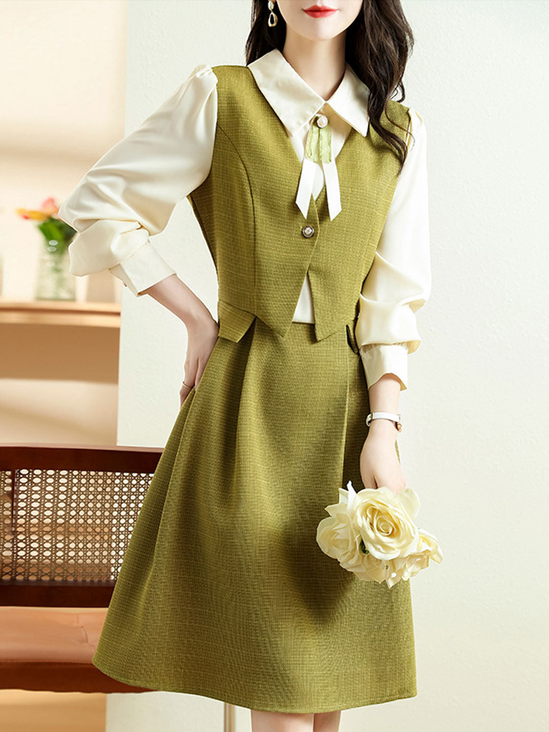 Taylor Elegant Color Blocked Bow Tie Shirt Dress