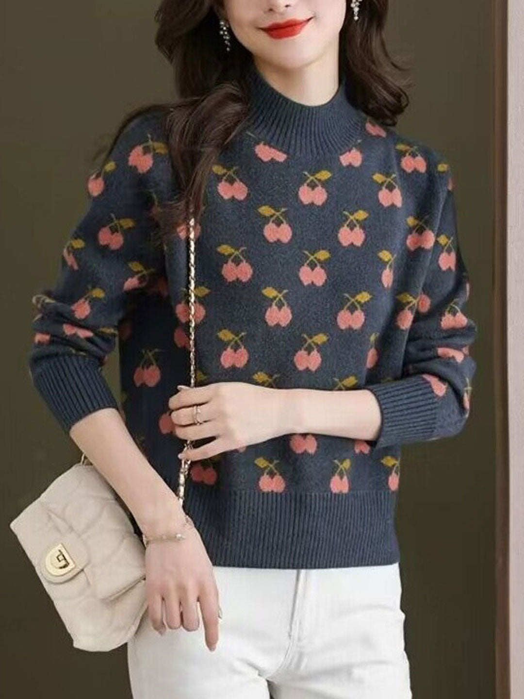 Abigail Retro Turtleneck Jacquard Knitted Pullover Sweater