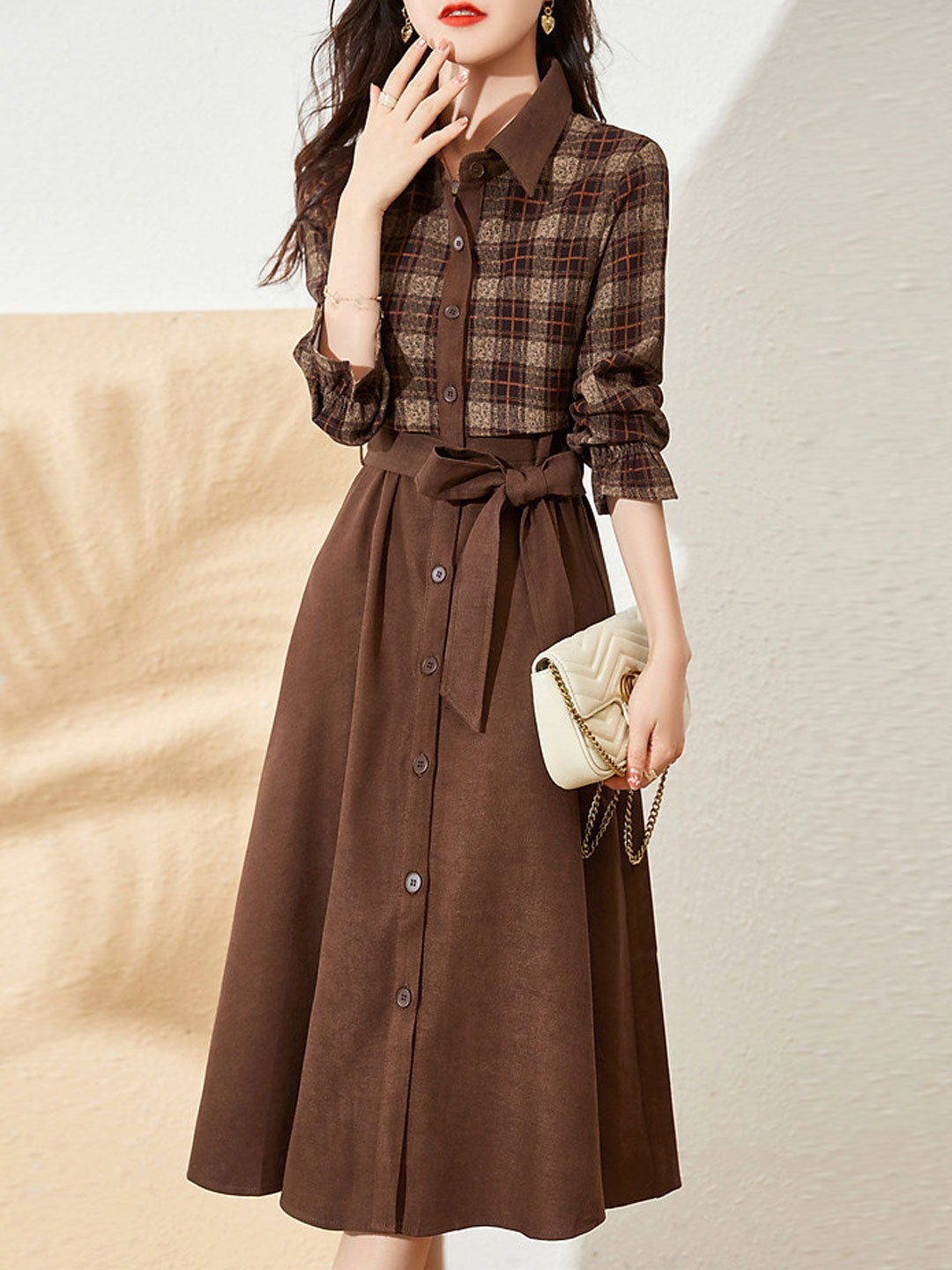 Ava Classic Lapel Plaid Panel Midi Dress