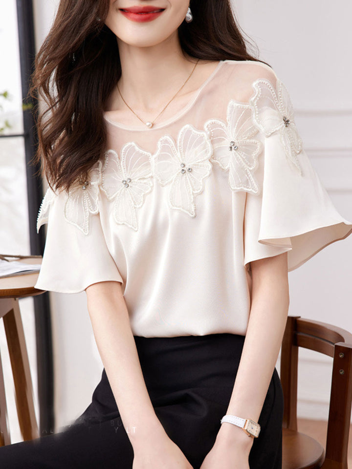 Ava Retro Mesh Splicing Beaded Flower Chiffon Top-Black