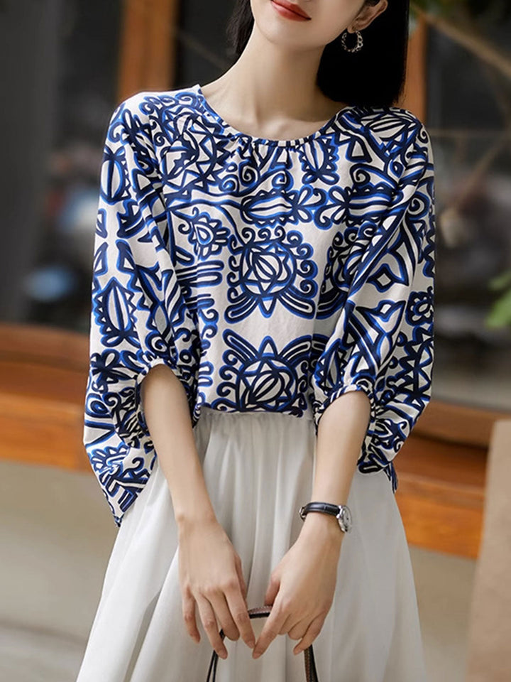 Sarah Retro Printed Puff Sleeve Top