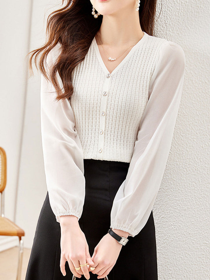 Kimberly Classic Chiffon Sleeve Knitted Cardigan-White