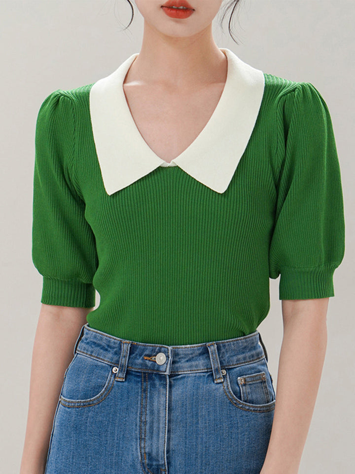 Alexis Retro Lapel Puff Sleeve Knitted Tops-Green