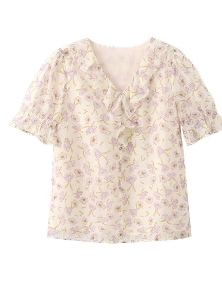 Lauren Elegant Ruffled Floral Chiffon Top