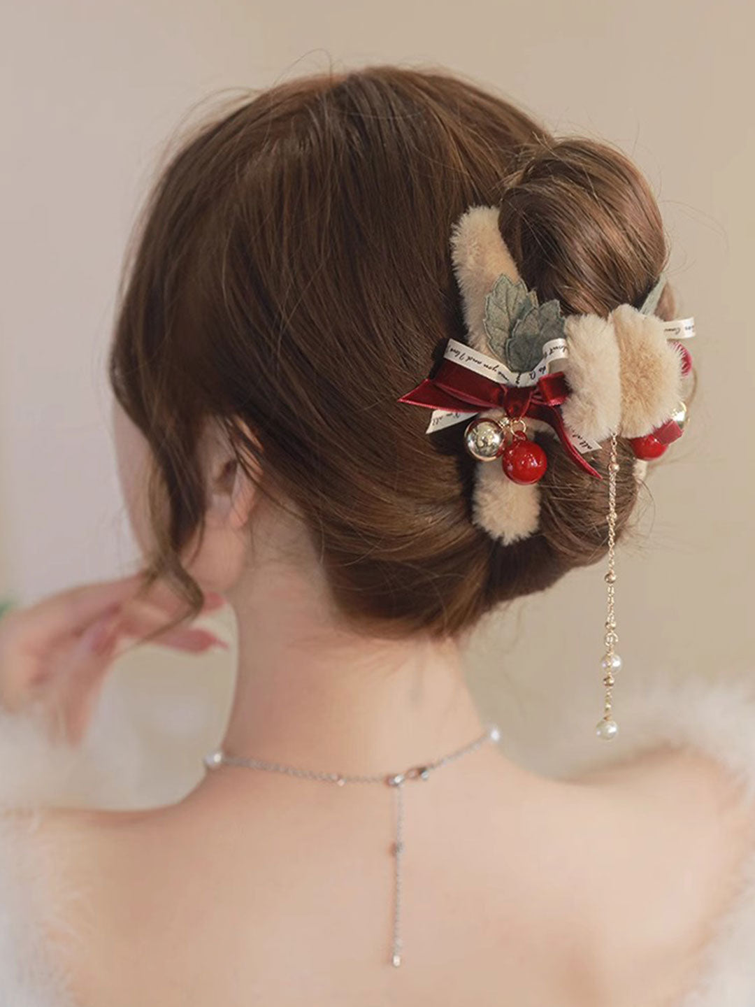 Plush Bow Tassel Bell Grabber Hair Accessory