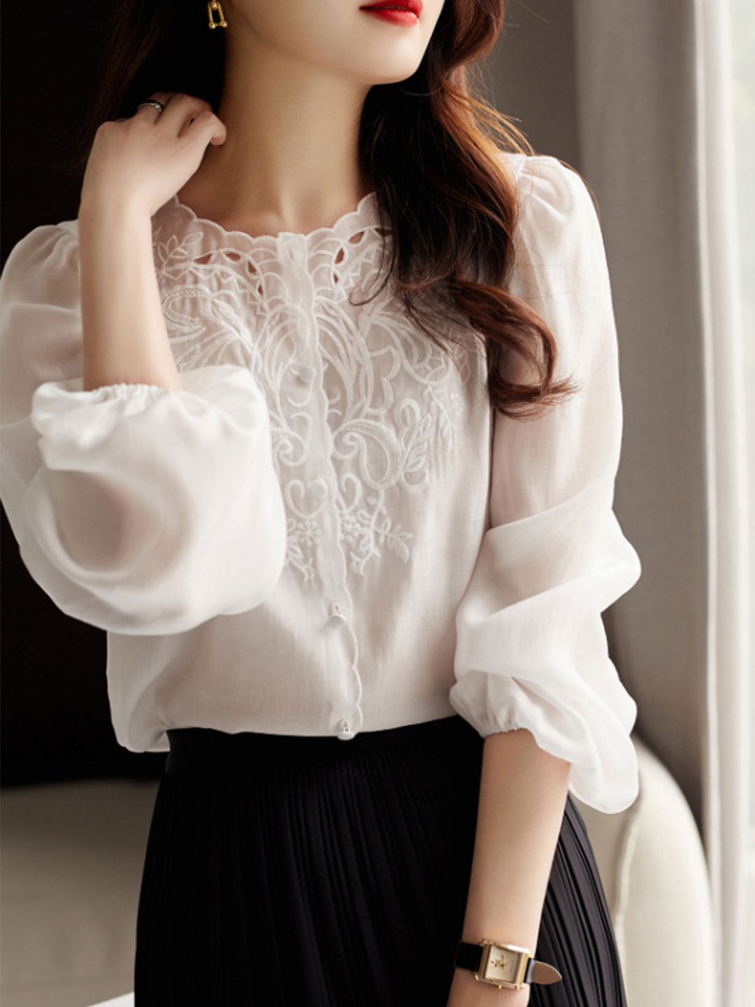 Jocelyn Elegant Embroidered Lantern Sleeve Shirt-White