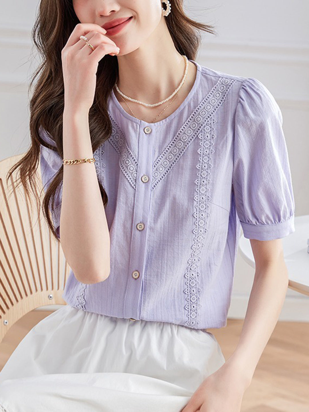 Julia Retro Spliced Puff Sleeve Blouse