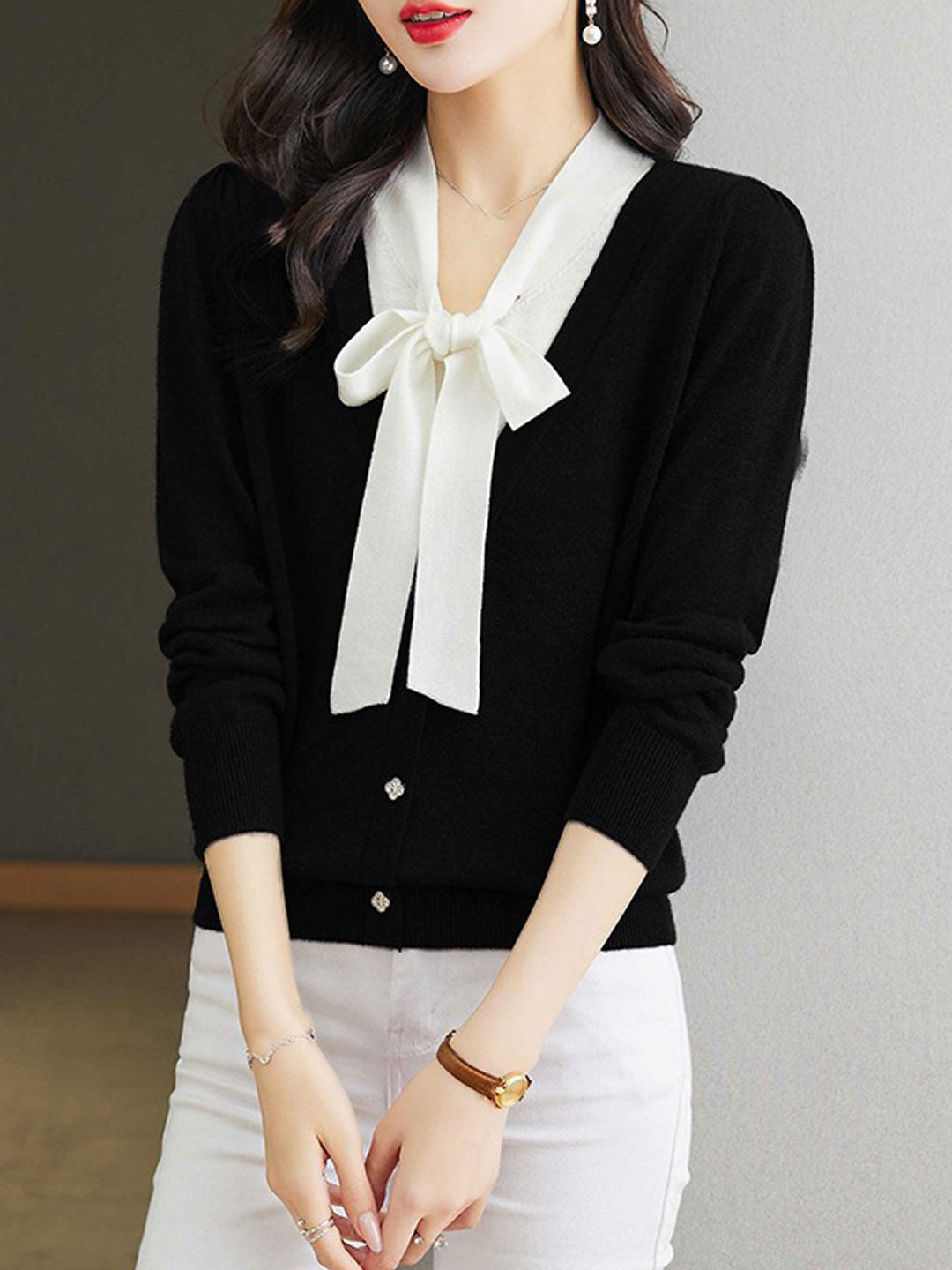 Raya Casual V-Neck Bow Knitted Sweater