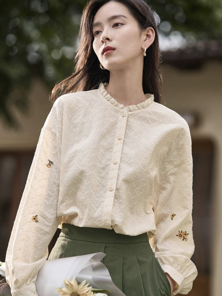 Ashley Vintage Stand-Up Collar Cotton Lace Blouse