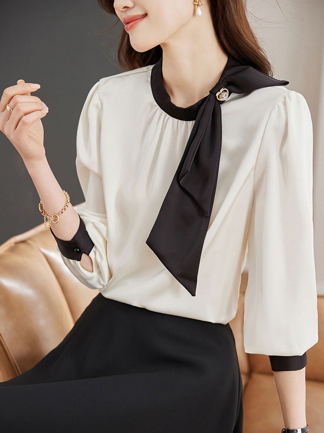 Sophia Classic Bow Color-Block Satin Shirt