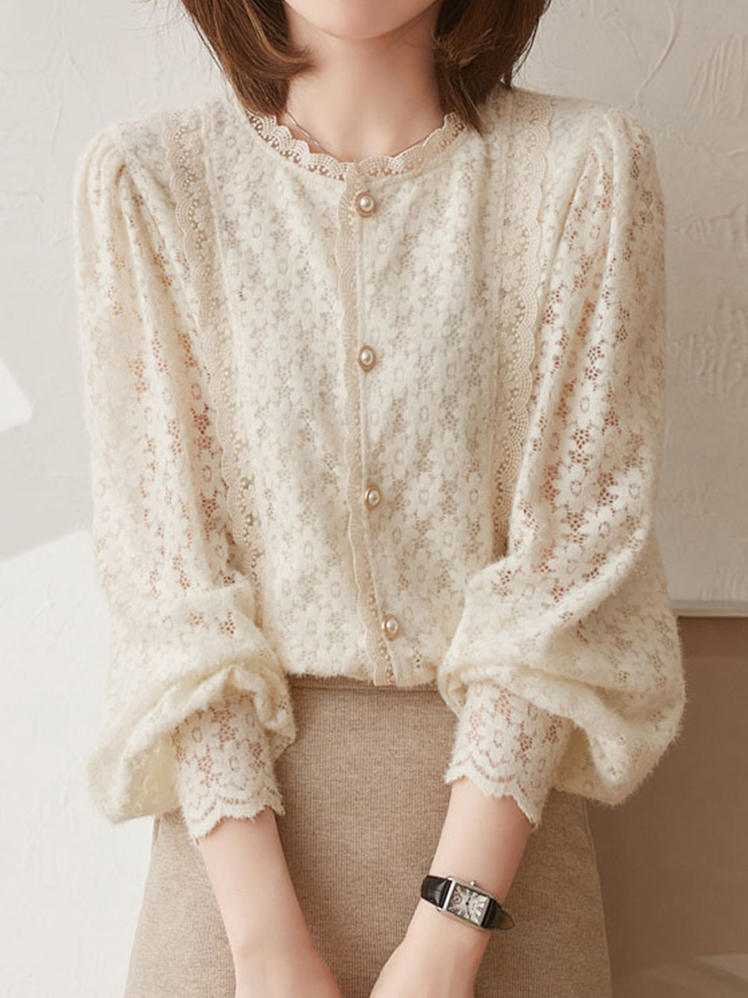 Arlene French Puff Sleeve Crew Neck Lace Top